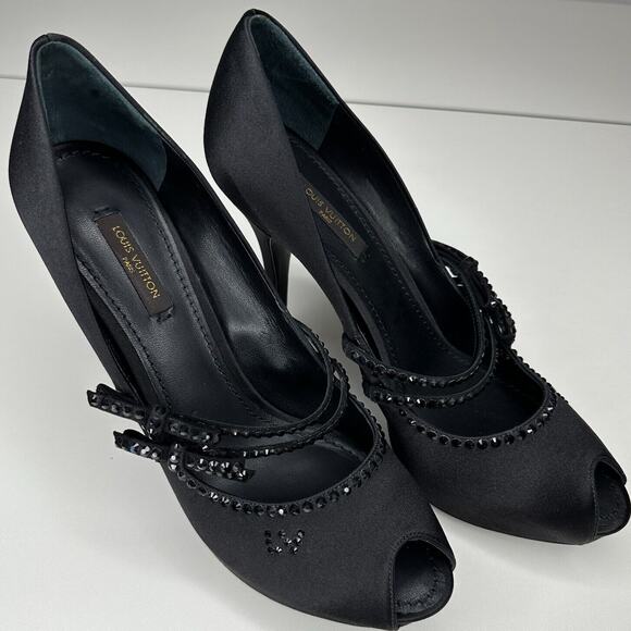 Louis Vuitton Vintage Black Satin Open Toe Crystal Strap Embellished Pumps 37.5 - Picture 13 of 13